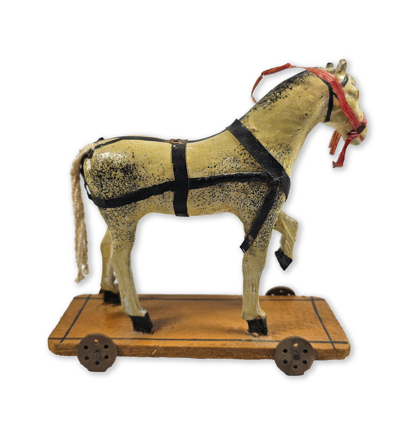 Antique German Papier Mache Pull Toy Horse on Platform with Paper Harness
