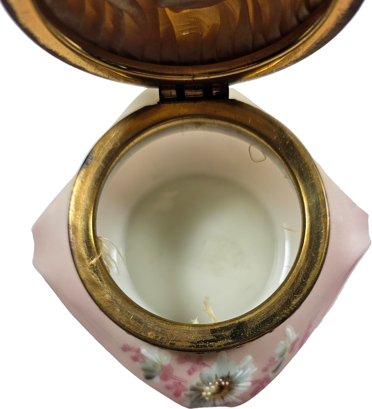 Decorative pink box with floral patterns and a gold lid on a white background