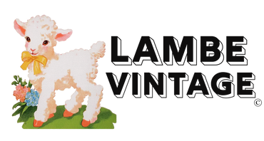 Logo of LAMBE VINTAGE featuring a cartoon lamb with flowers on a white background