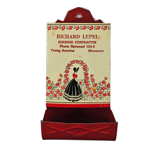 Vintage 1940s Tin Kitchen Wall Mount Match Holder with Red Rose Trim