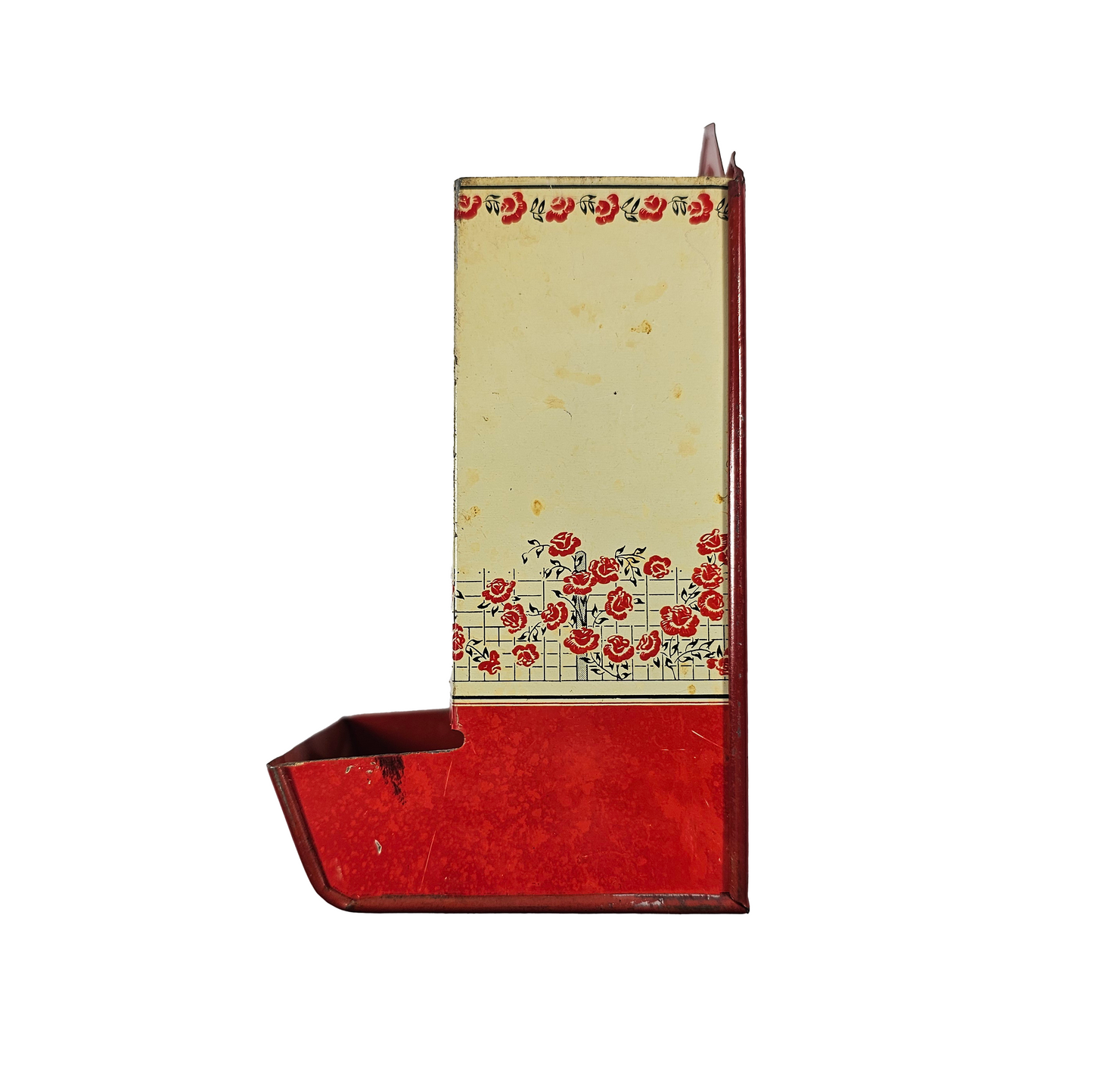 Vintage 1940s Tin Kitchen Wall Mount Match Holder with Red Rose Trim