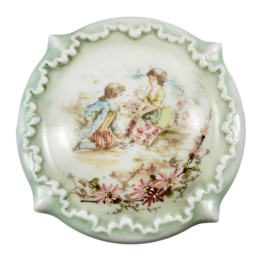 Antique Late-Victorian Opal-Glass Dresser Box – “Wave Crest/Nakara” Style (c. 1895-1910) with courting scene and enameled flowers