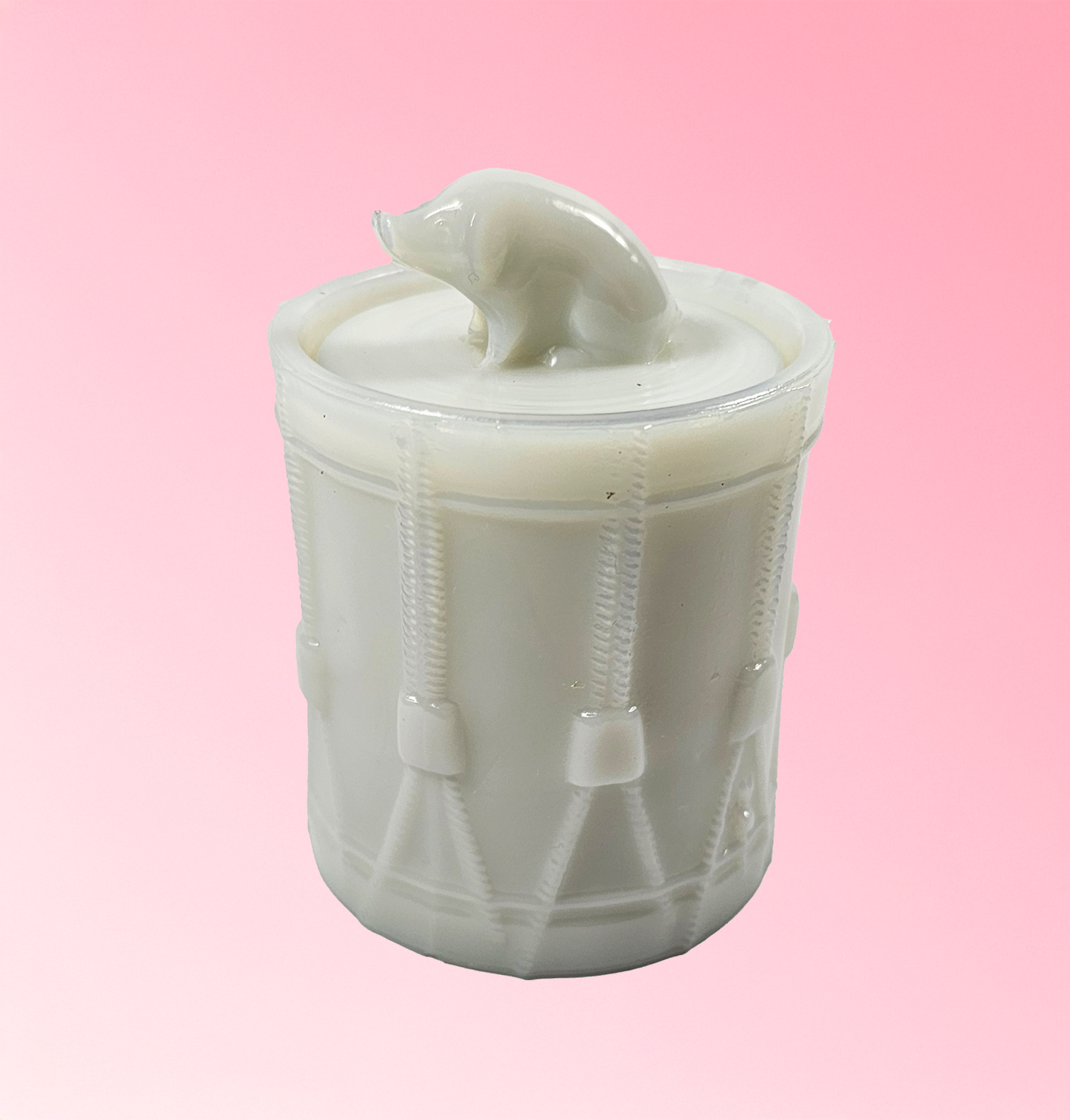 Antique Milk Glass “Pig on Drum” Covered Jar — Portieux-Vallerysthal, France