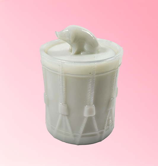 Antique Milk Glass “Pig on Drum” Covered Jar — Portieux-Vallerysthal, France