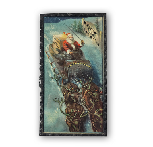 Vintage-style advertisement with Santa Claus in a sleigh pulled by reindeer, featuring text on a white background.