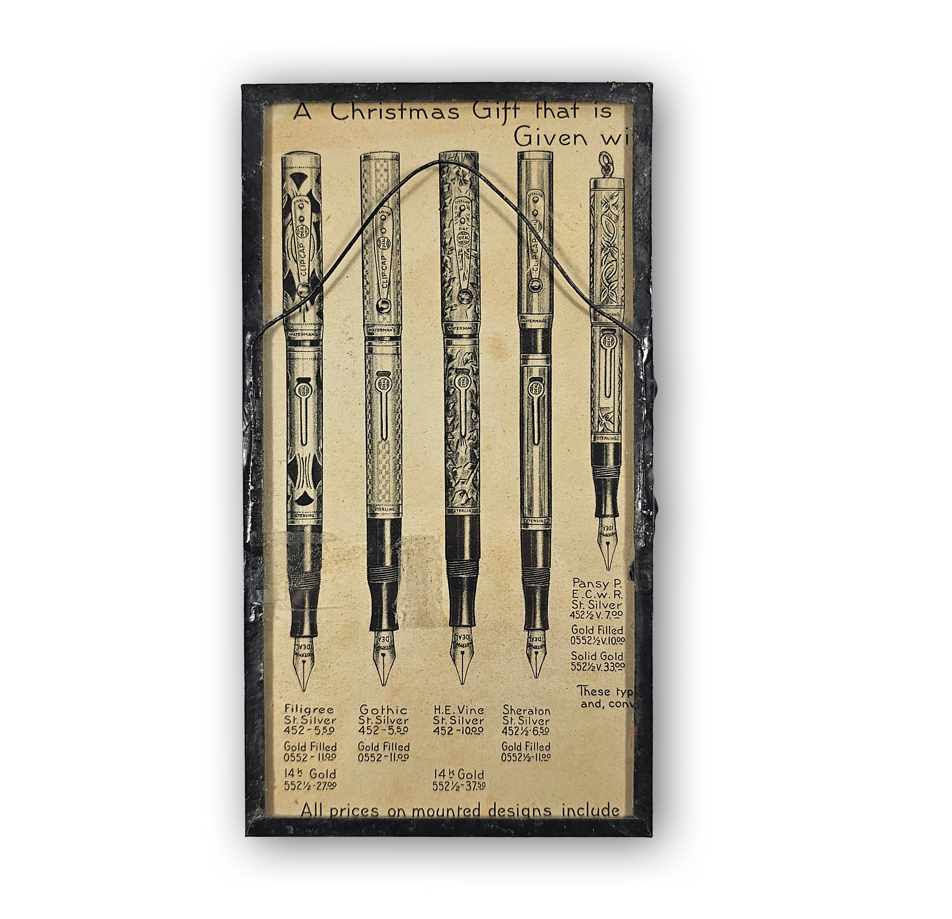 Vintage-style advertisement for pens with decorative text on a white background