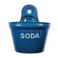 Blue enamel container 'SODA' text on a white background