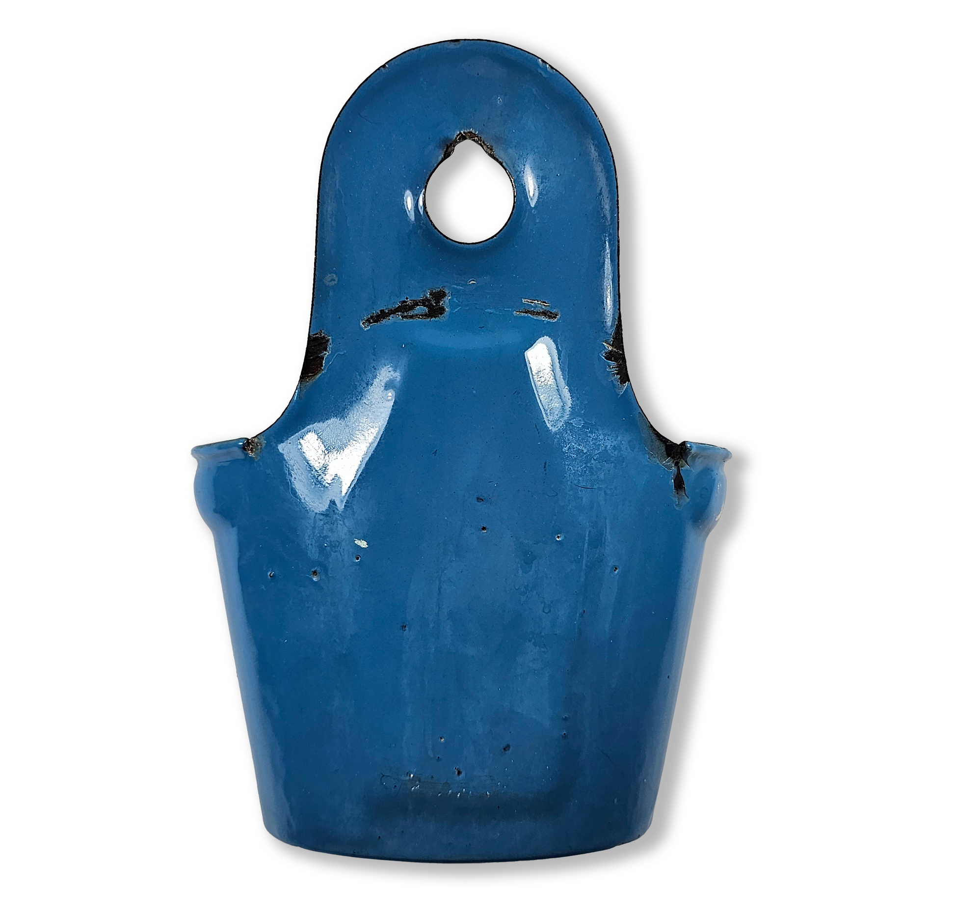 Back of a Vintage Blue Enamel “SODA” Wall Mount Container