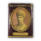 Vintage tin with portrait of a woman labeled 'Her Majesty The Queen Mother' on a white background