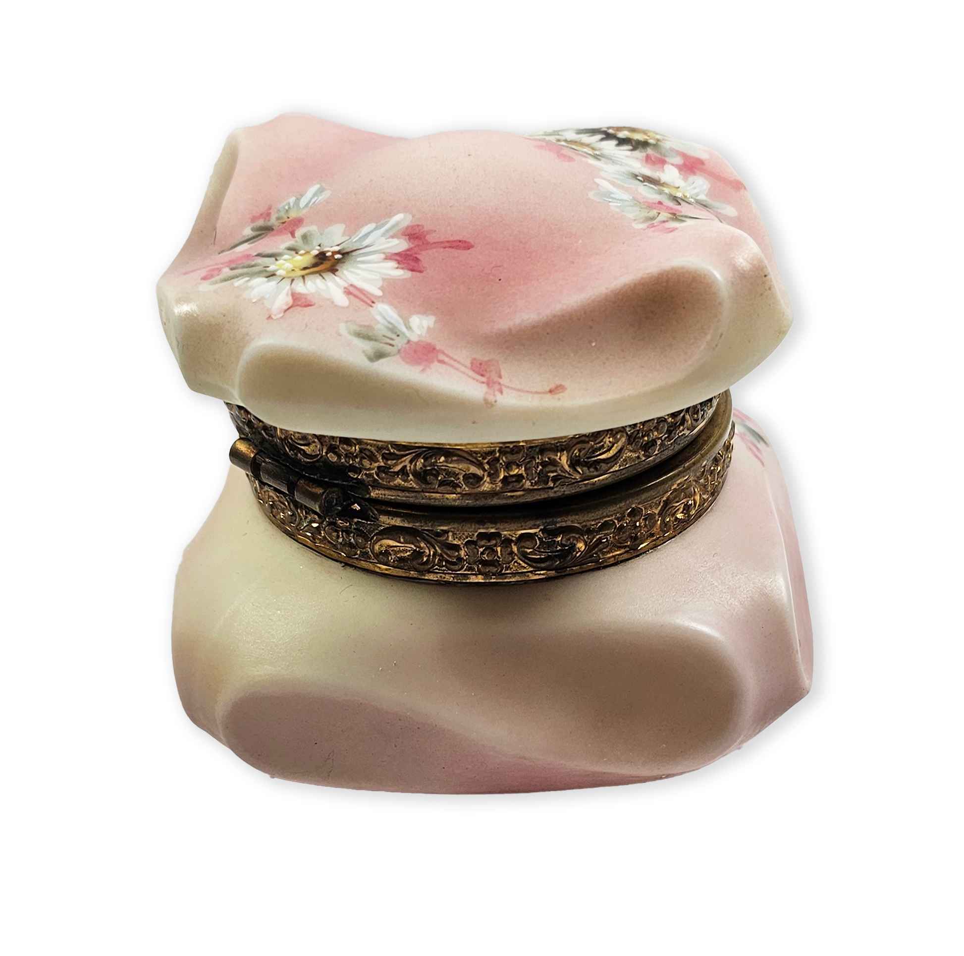 Decorative pink jewelry box with floral design on a white background
