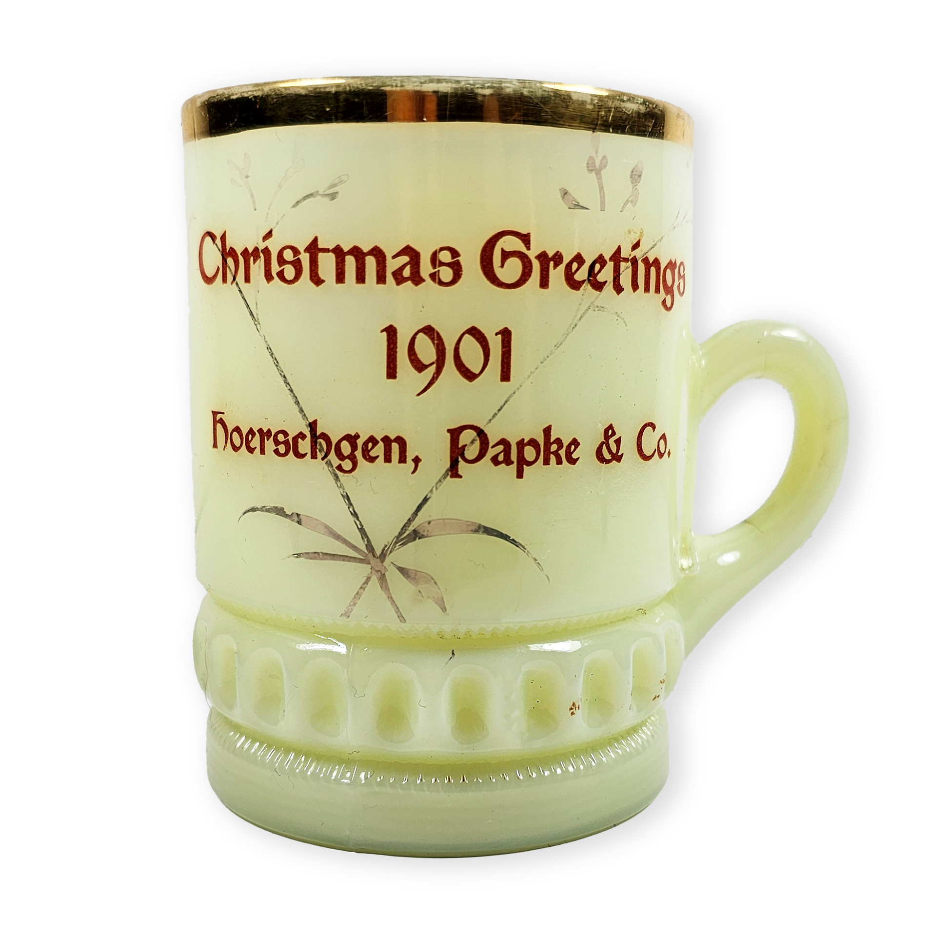 Vintage-style mug with 'Christmas Greetings 1901' text on a white background