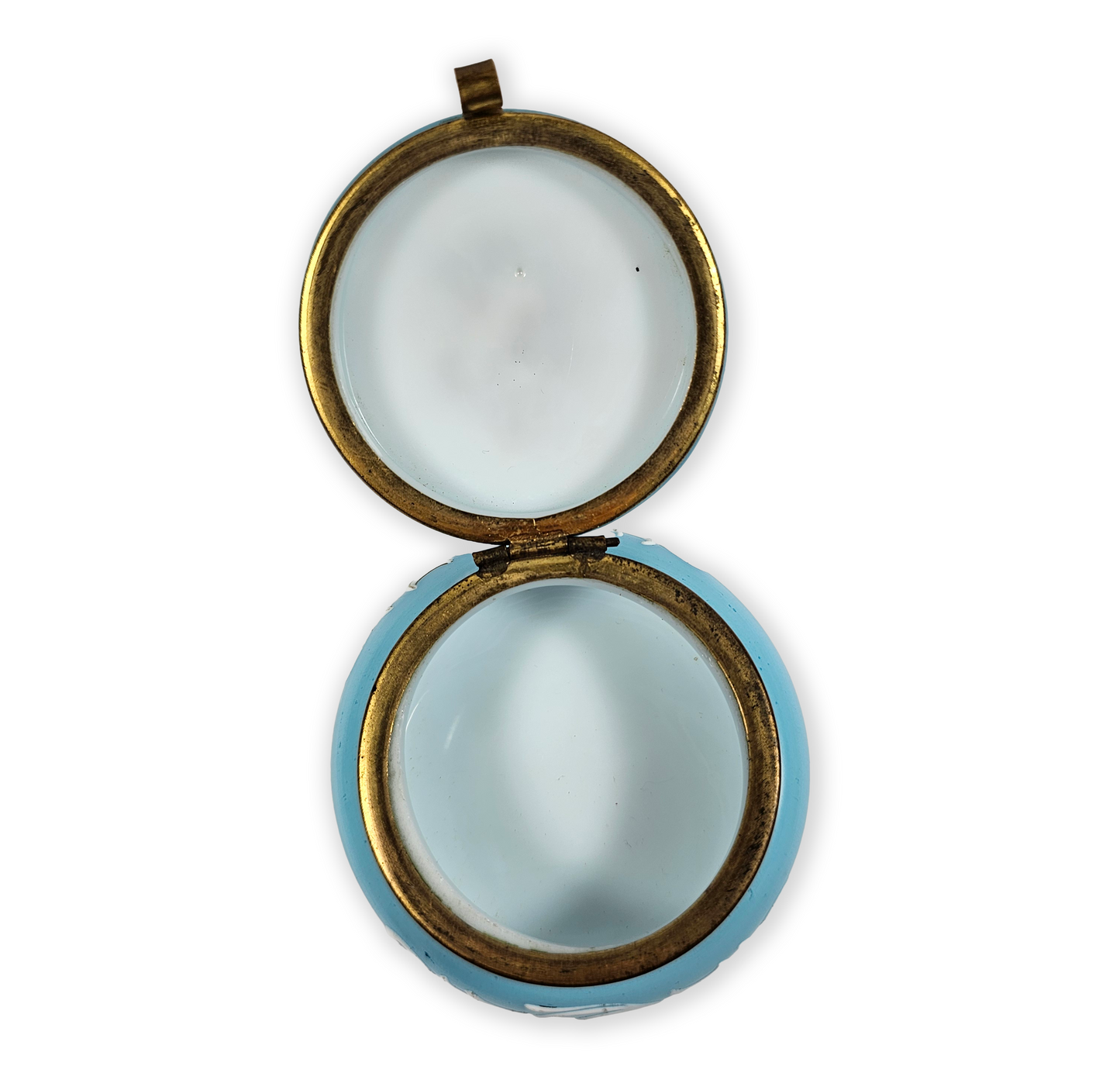 Round jewelry box with gold and blue accents on a white background