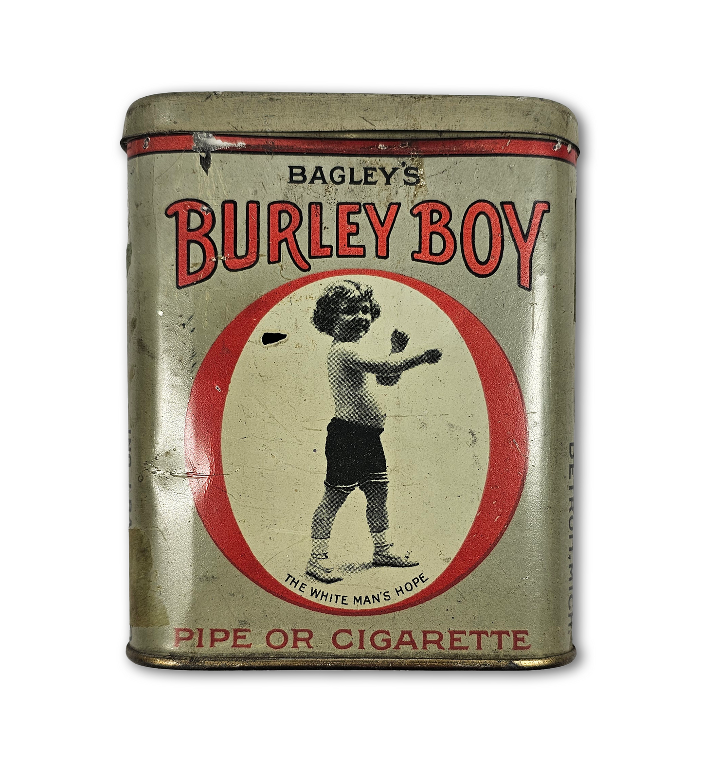 Vintage tin can with 'Bagley's Burley Boy' branding and a child illustration on a white background.