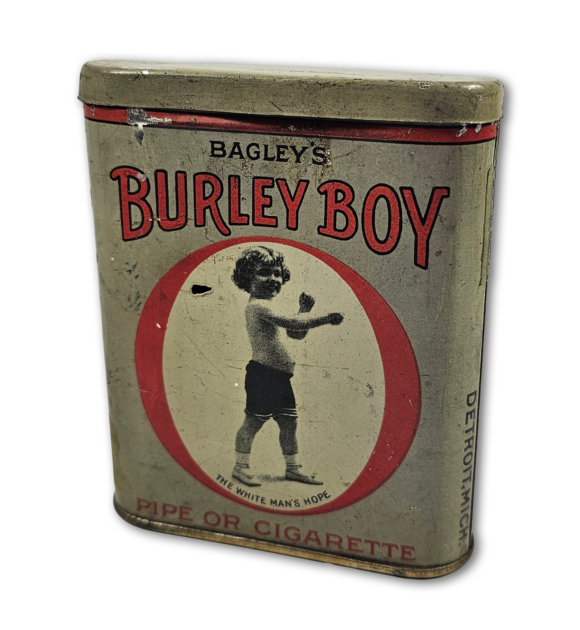 Vintage tin can with 'Bagley's Burley Boy' branding on a white background