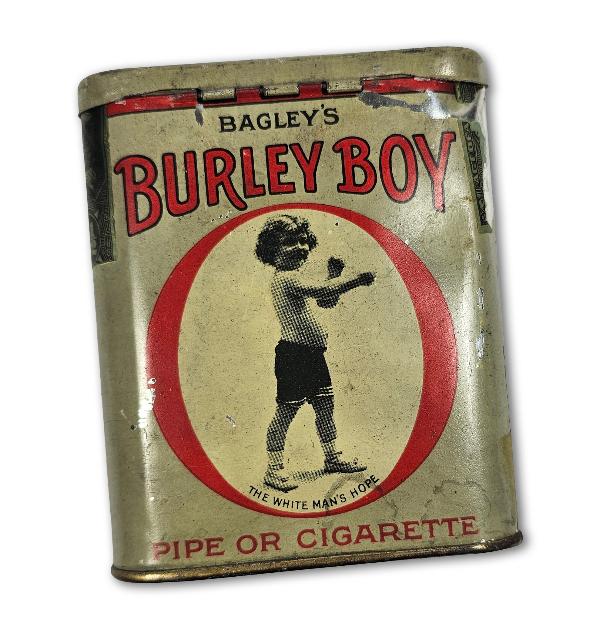 Vintage tin can with 'Bagley's Burley Boy' branding and a graphic of a boy on a white background.
