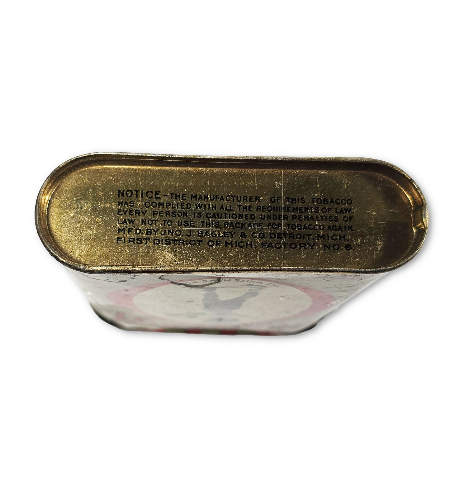 Vintage tobacco tin with a gold lid and text on a white background
