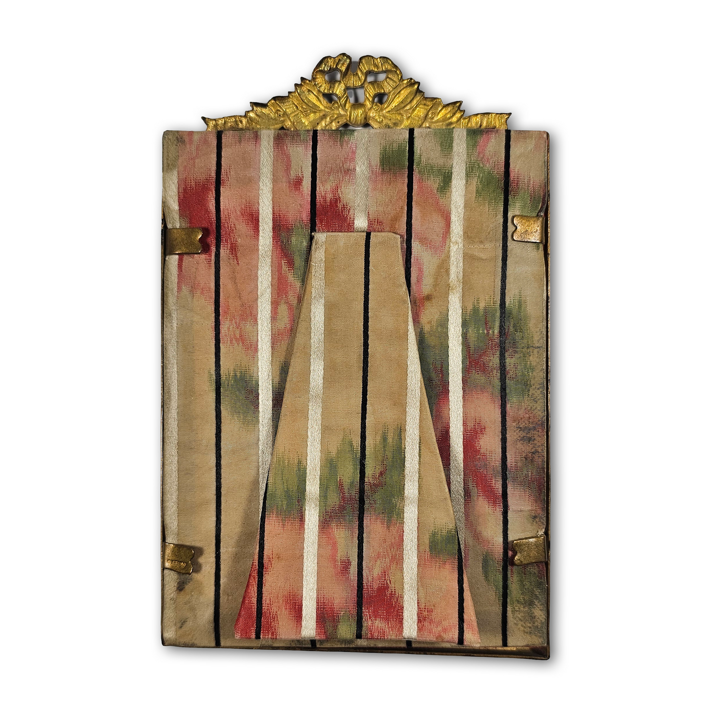 Decorative wall art with a gold frame and multicolored striped design on a white background