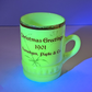 Glowing green mug with text on a blue and purple gradient background
