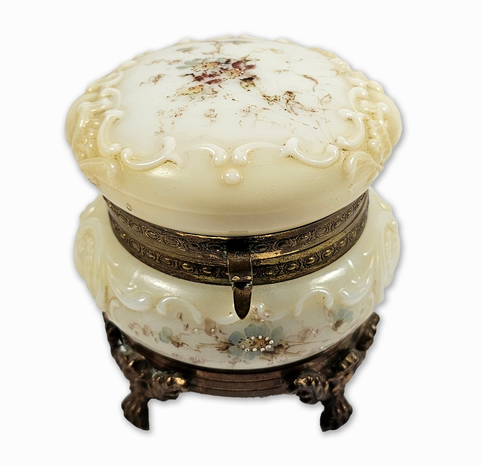 Decorative white box with gold accents on a white background