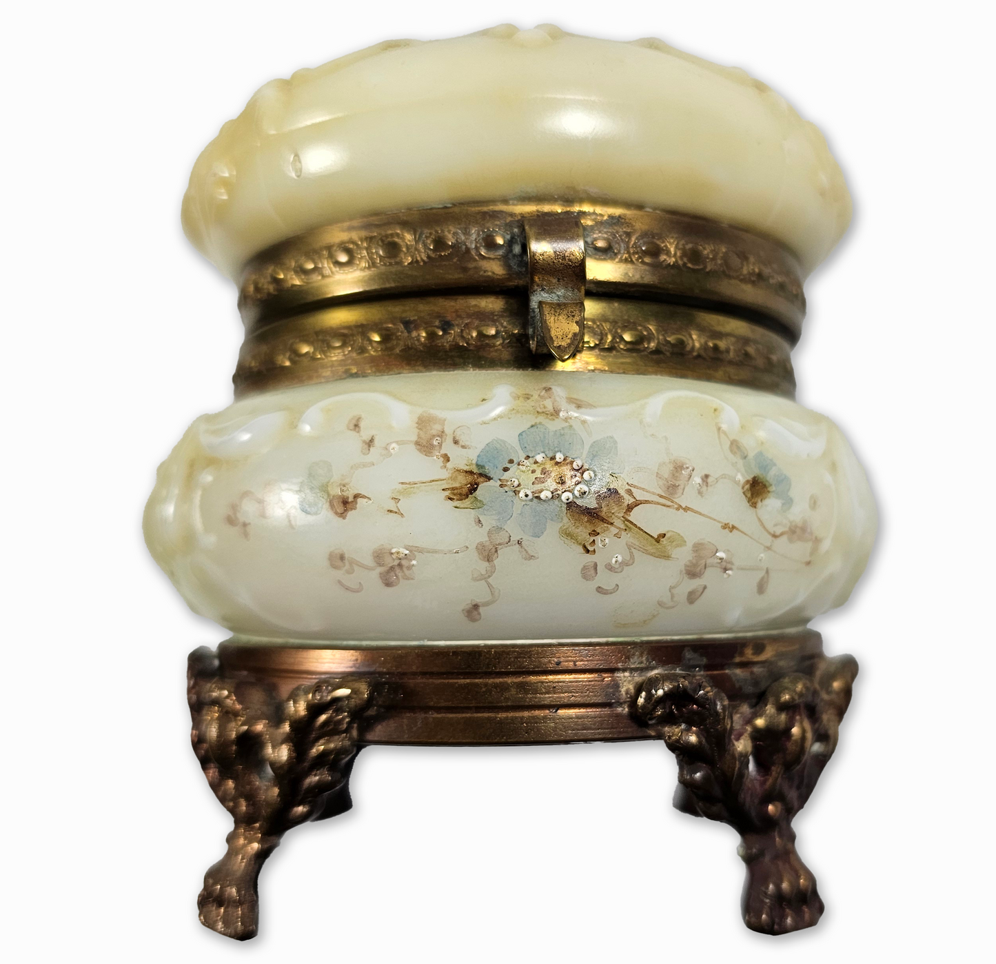 Decorative box with floral design and gold accents on a white background