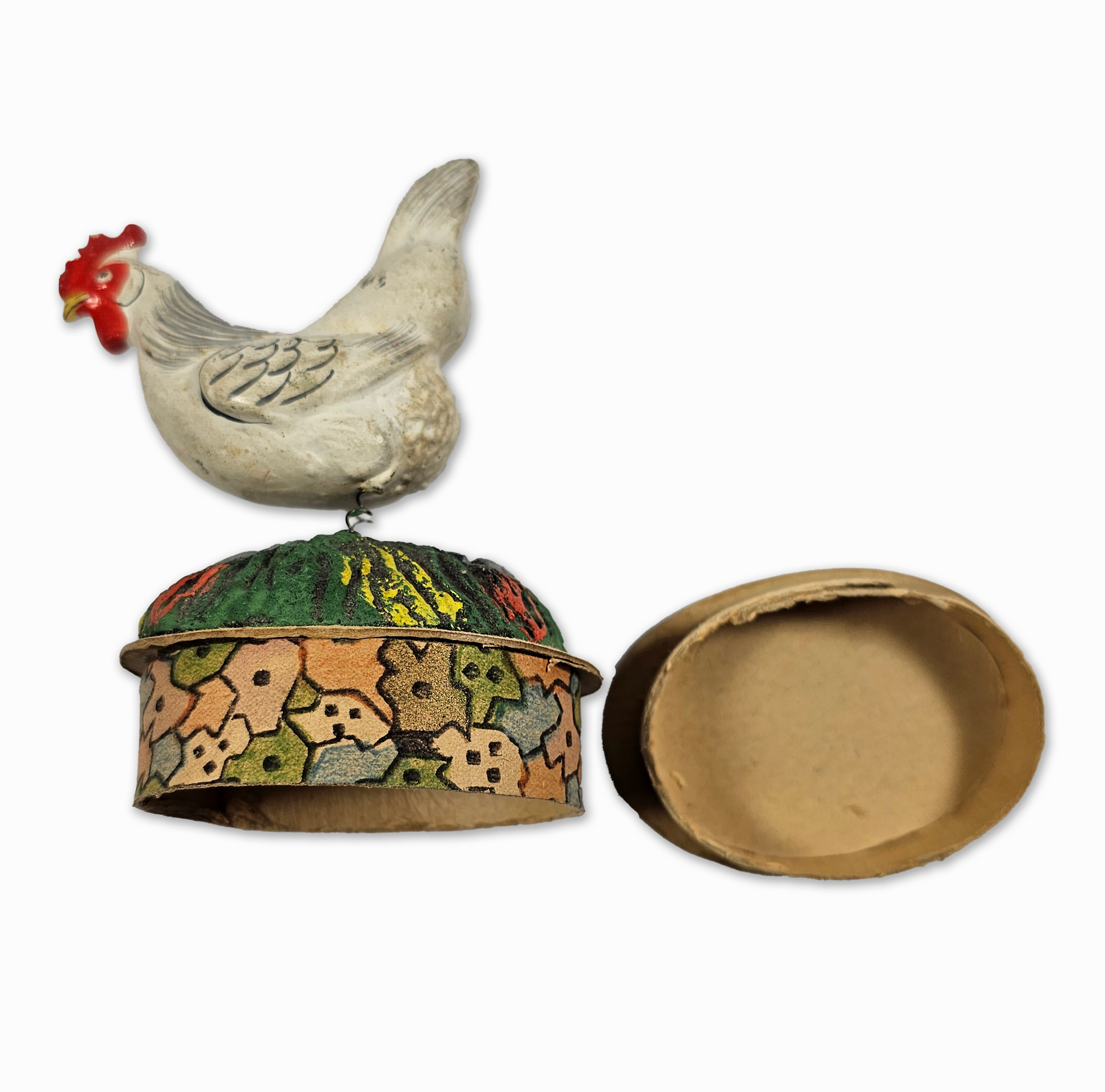 Decorative box shaped like a rooster with a colorful lid on a white background