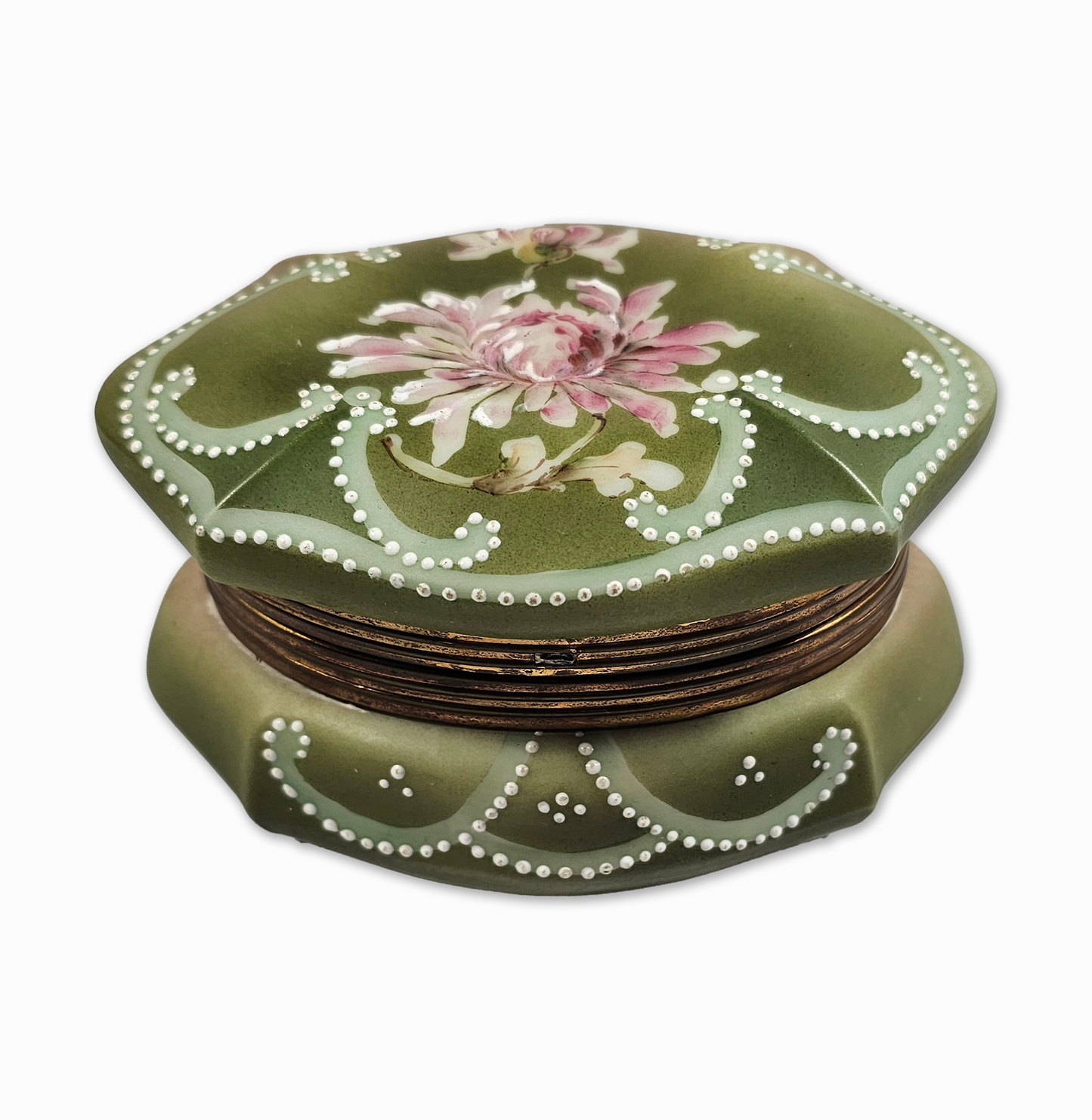 C.F. Monroe NAKARA Green Satin Glass Dresser Box with Hand-Painted Chrysanthemums