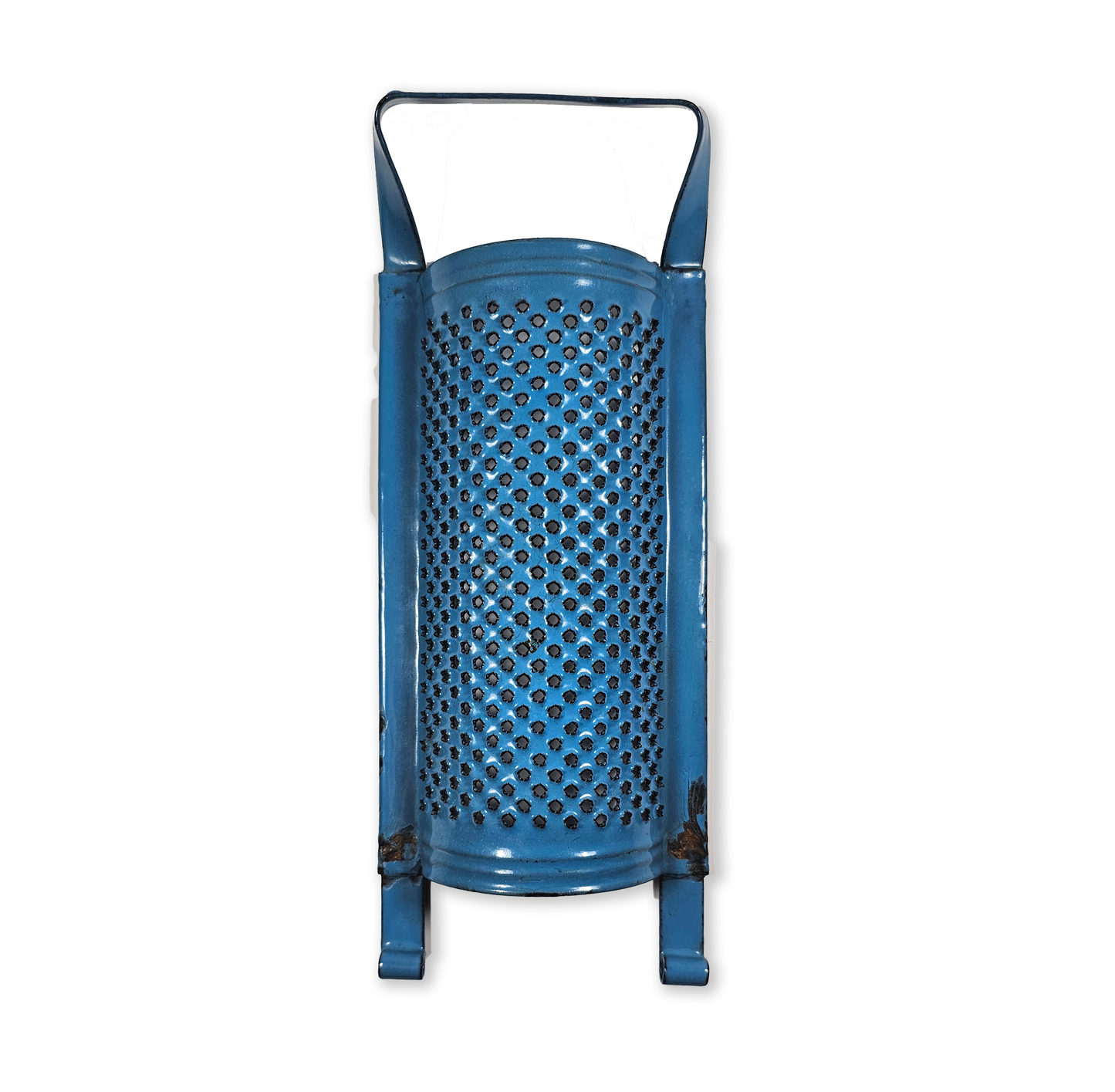 Vintage Blue Enamel Metal Hand Grater – Early Kitchen Wall Decor