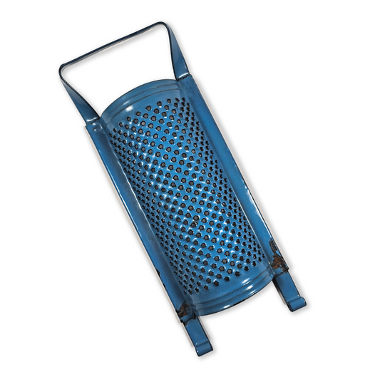 Vintage Blue Enamel Metal Hand Grater – Early Kitchen Wall Decor