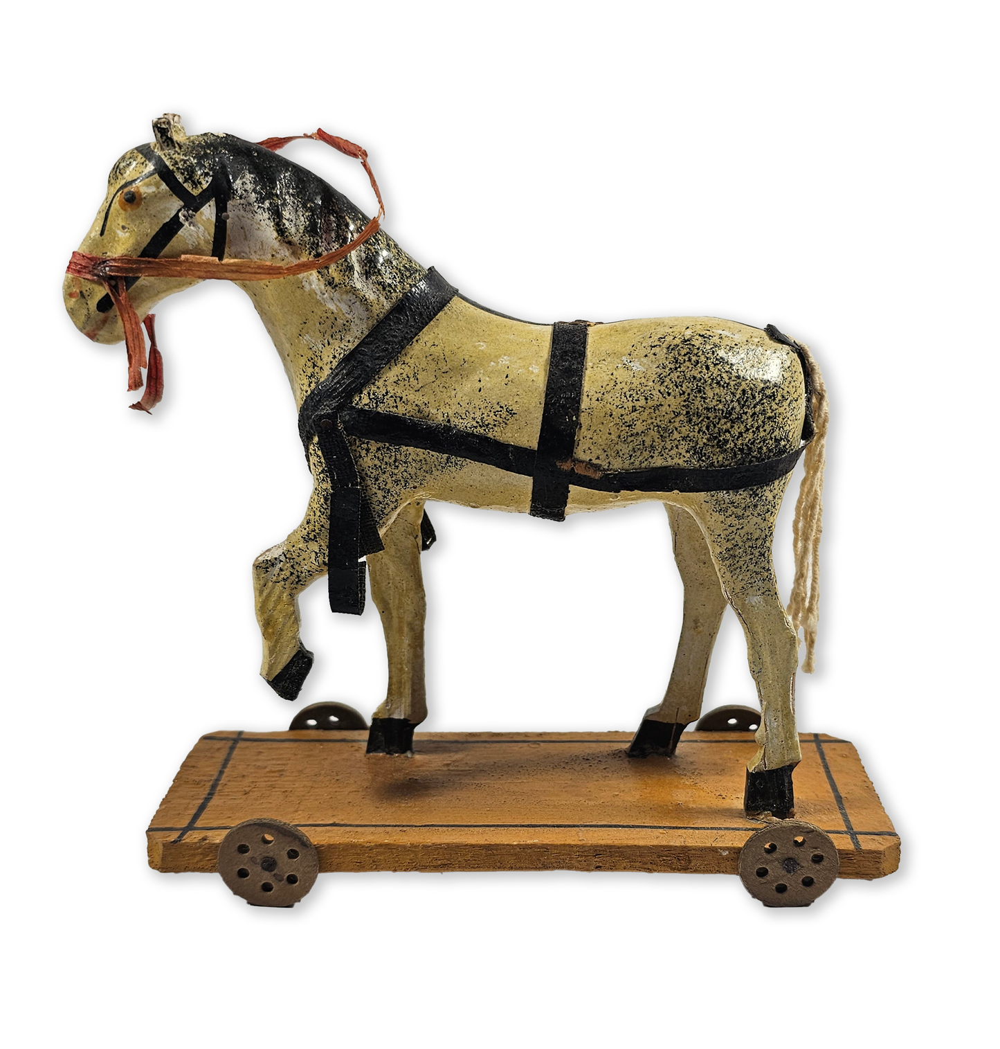 Antique German Papier Mache Pull Toy Horse on Platform with Paper Harness