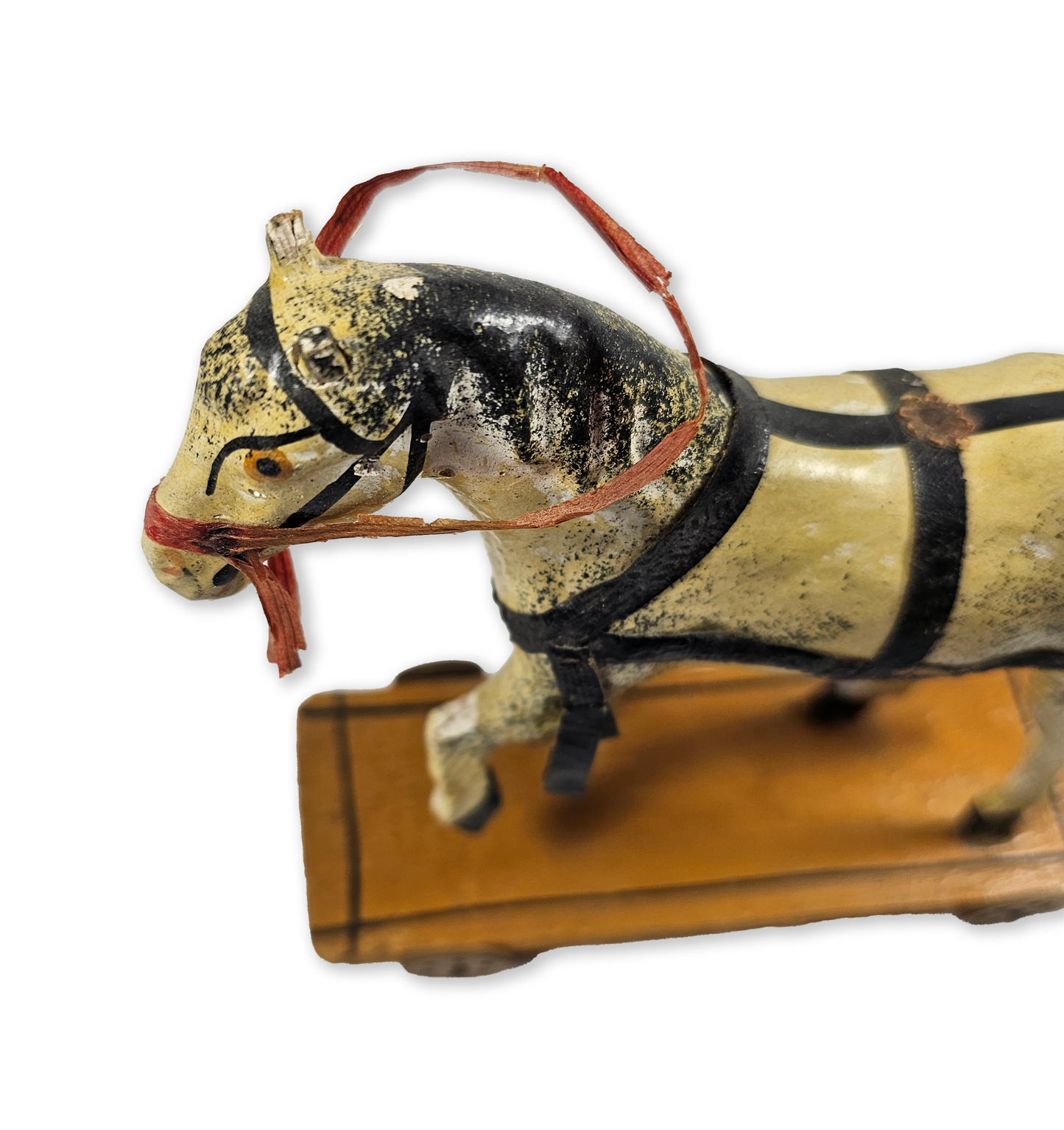 Antique German Papier Mache Pull Toy Horse on Platform with Paper Harness