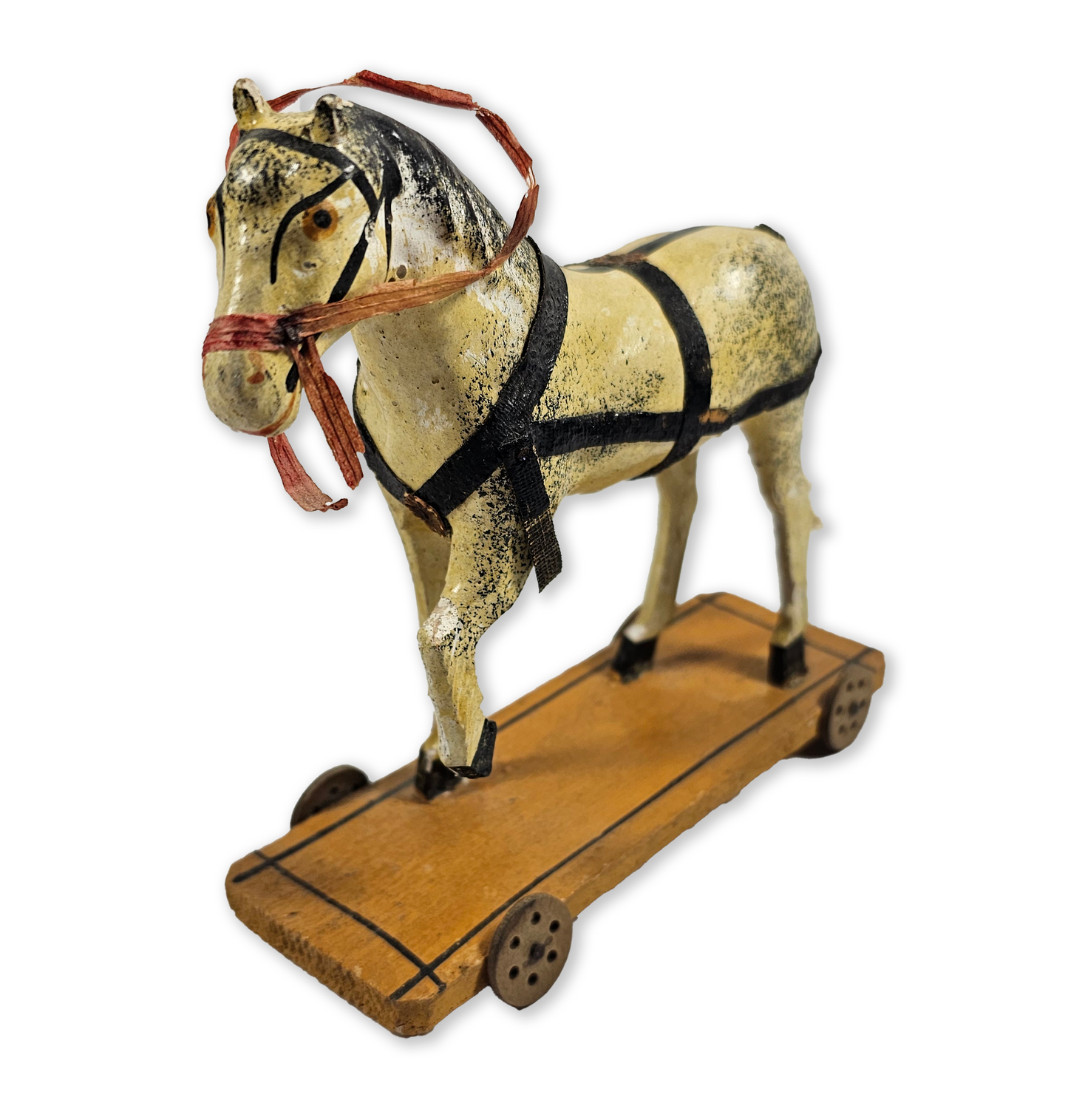 Antique German Papier Mache Pull Toy Horse on Platform with Paper Harness