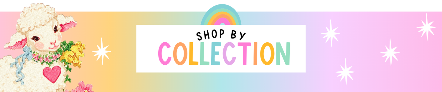 Shop by Collection banner with cartoon sheep, rainbow, and flowers on a pastel background