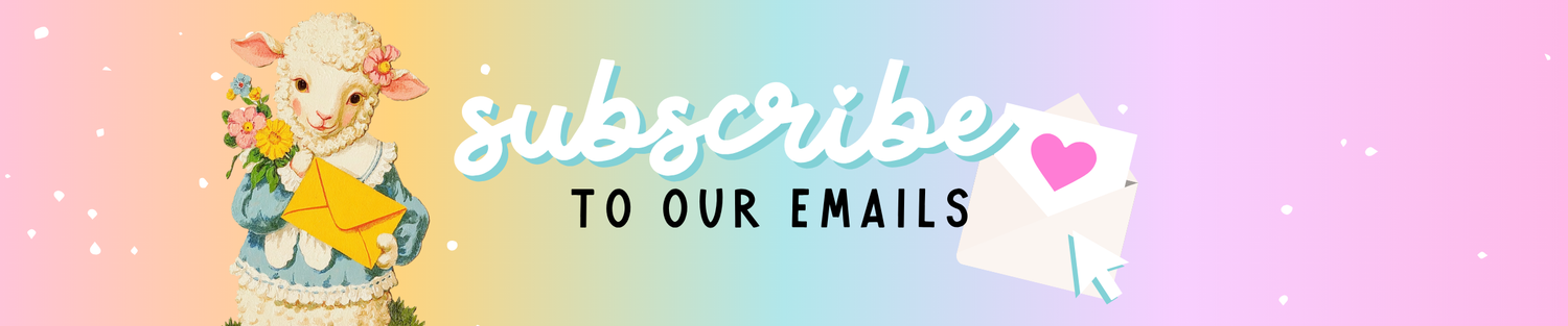 Pastel-colored banner with a cartoon character, flowers, and text encouraging subscription to emails.