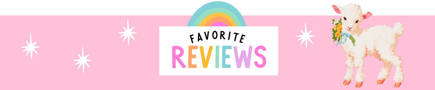 Decorative banner with a goat, rainbow, and 'Favorite Reviews' text on a pink background.