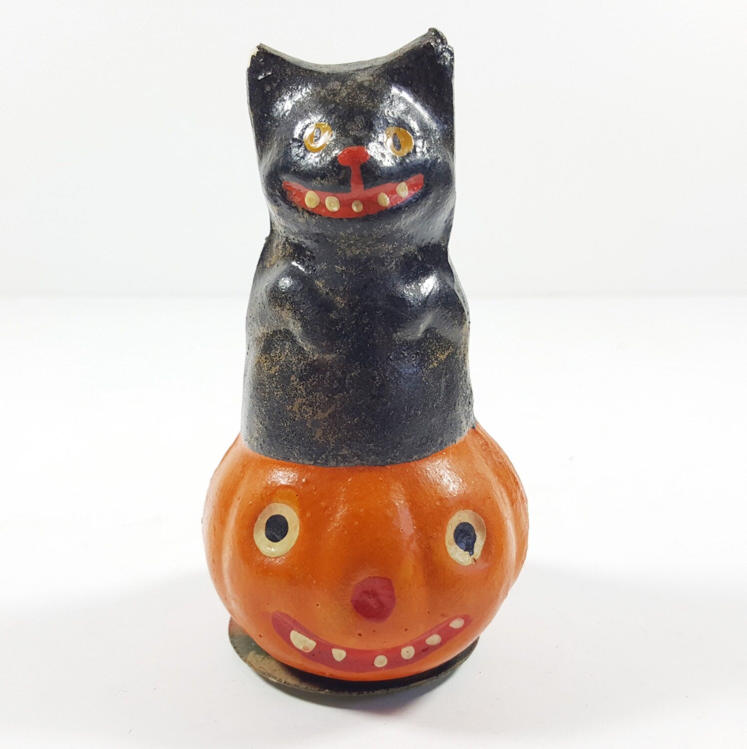 Vintage Halloween Composition Candy Container, Hand-Painted Cat Sitting on Pumpkin. Made in Germany