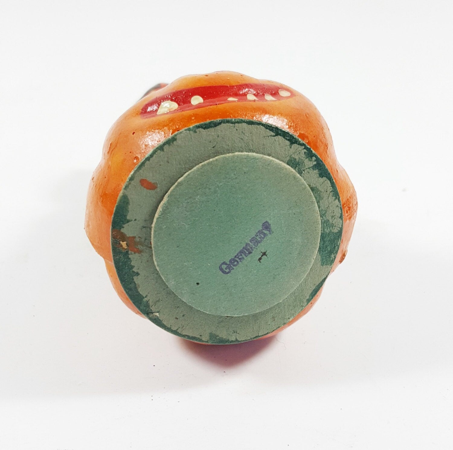 Vintage Halloween Composition Candy Container, Hand-Painted Cat Sitting on Pumpkin. Made in Germany