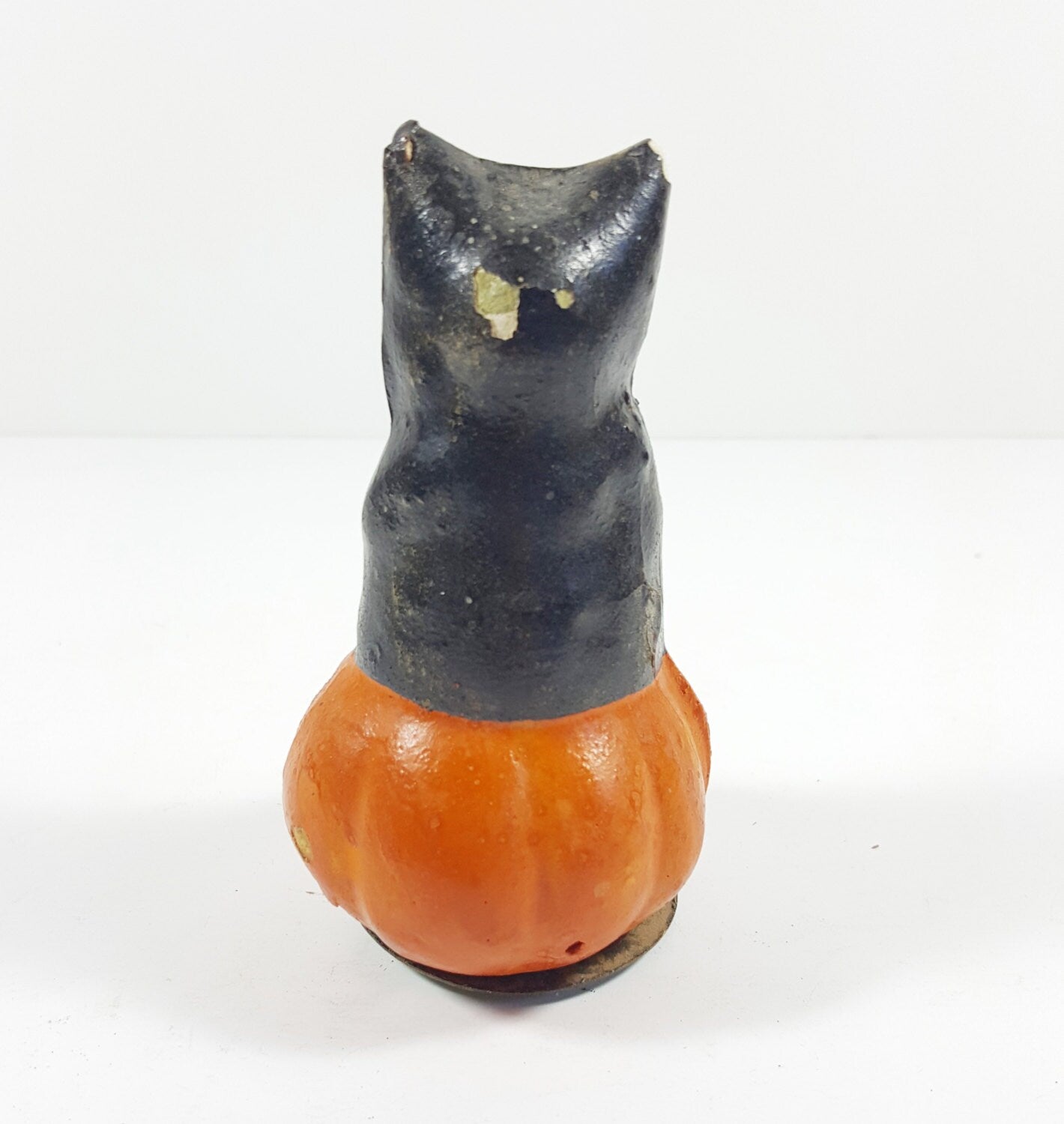 Vintage Halloween Composition Candy Container, Hand-Painted Cat Sitting on Pumpkin. Made in Germany