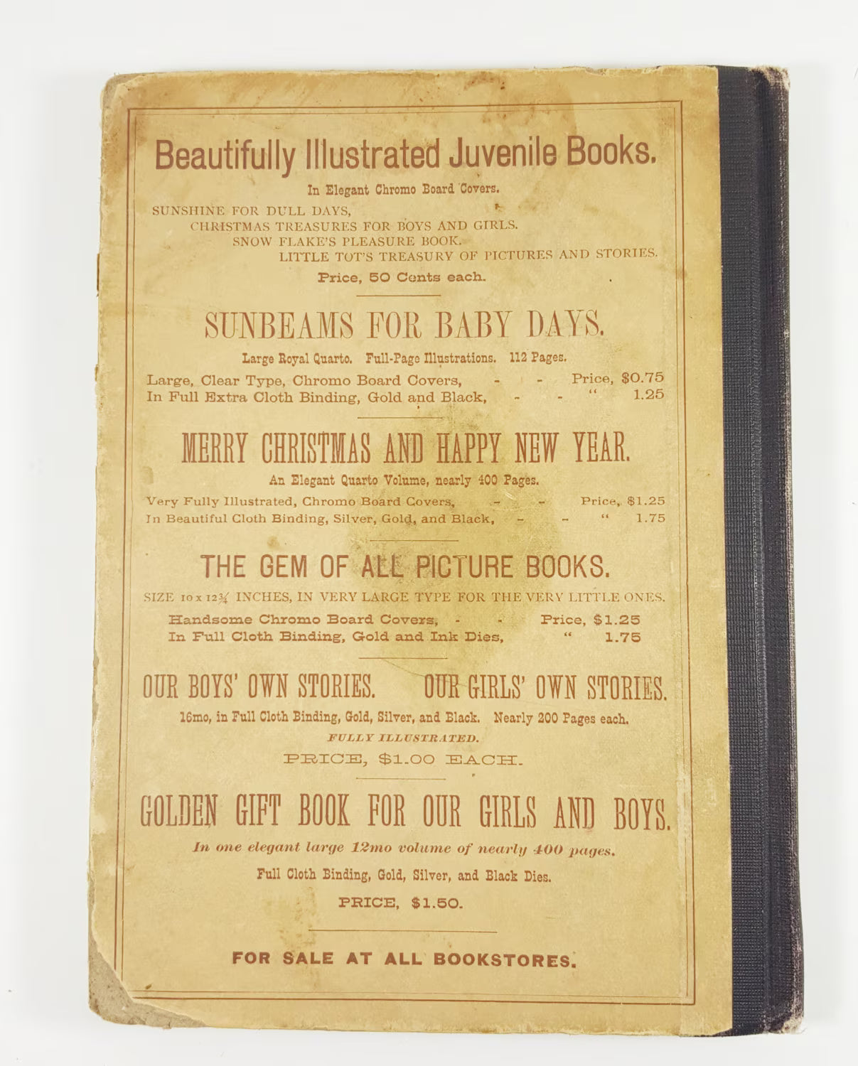 Vintage book cover with text advertising illustrated juvenile books on a white background