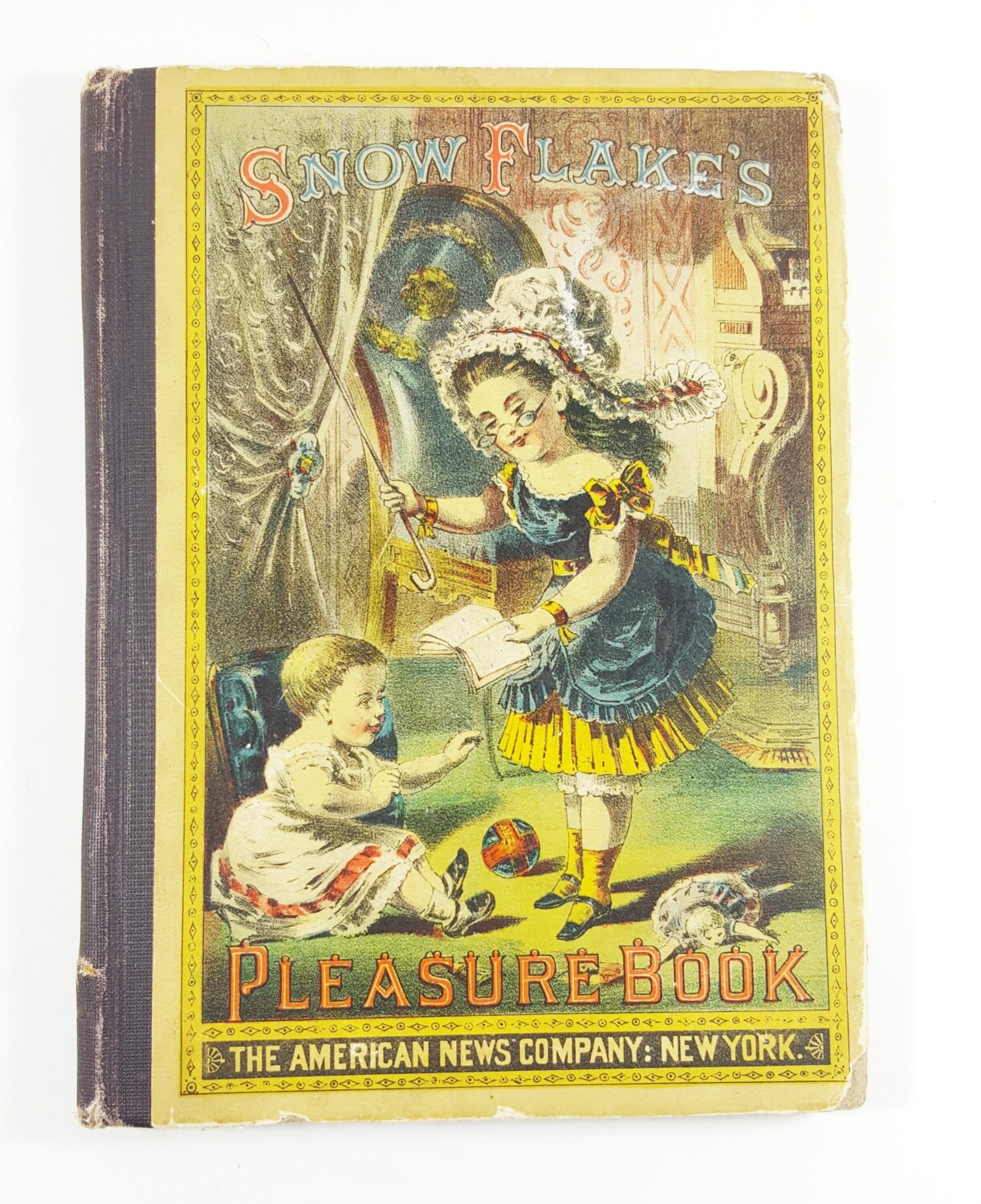 Vintage book cover titled 'Snow Flake's Pleasure Book' with illustrations of a woman and child, published by The American News Company in New York.