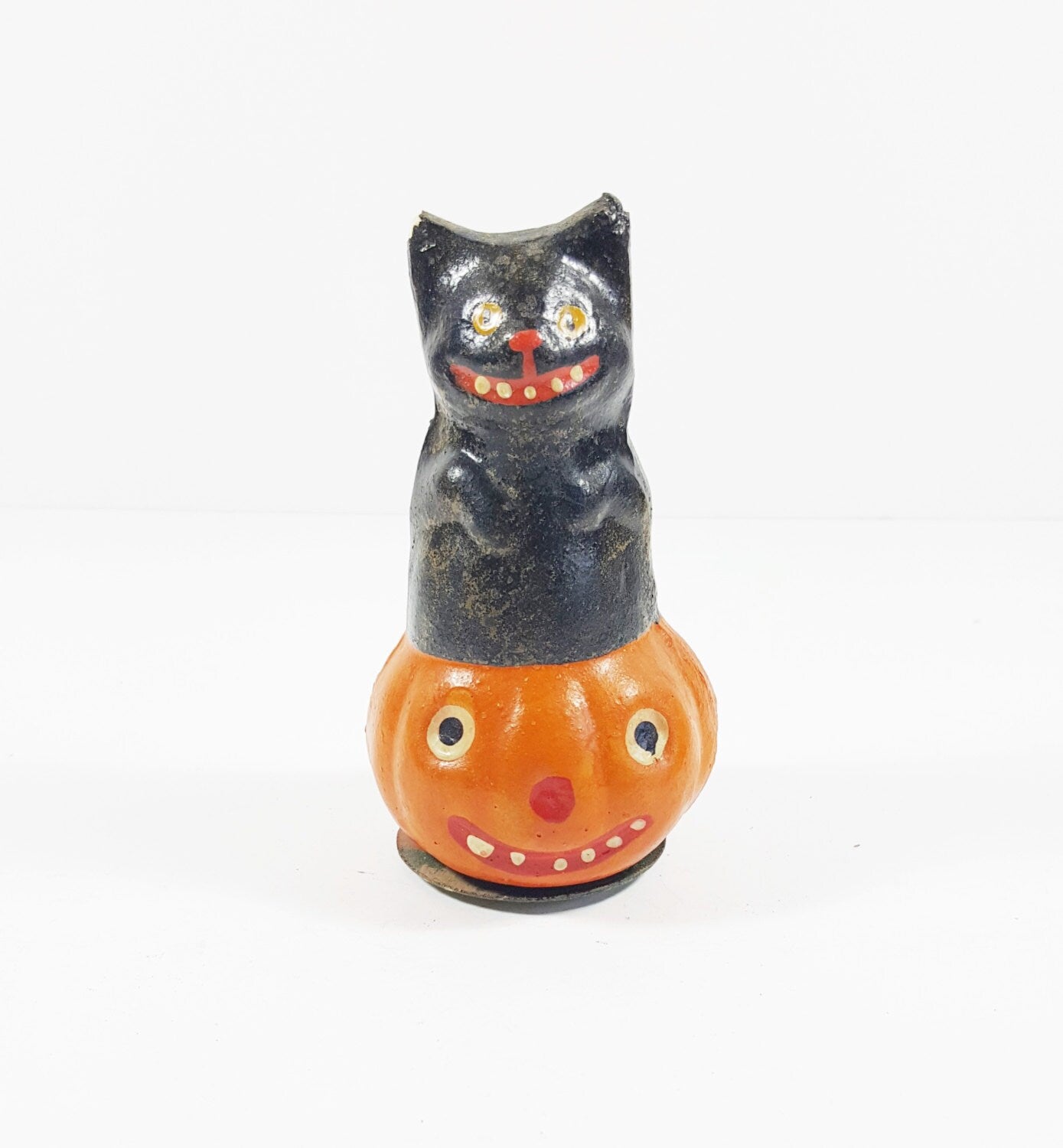 Vintage Halloween Composition Candy Container, Hand-Painted Cat Sitting on Pumpkin. Made in Germany