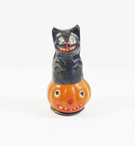 Vintage Halloween Composition Candy Container, Hand-Painted Cat Sitting on Pumpkin. Made in Germany