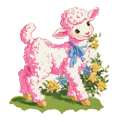 Illustration of a pink lamb with a blue bow standing among flowers on a white background